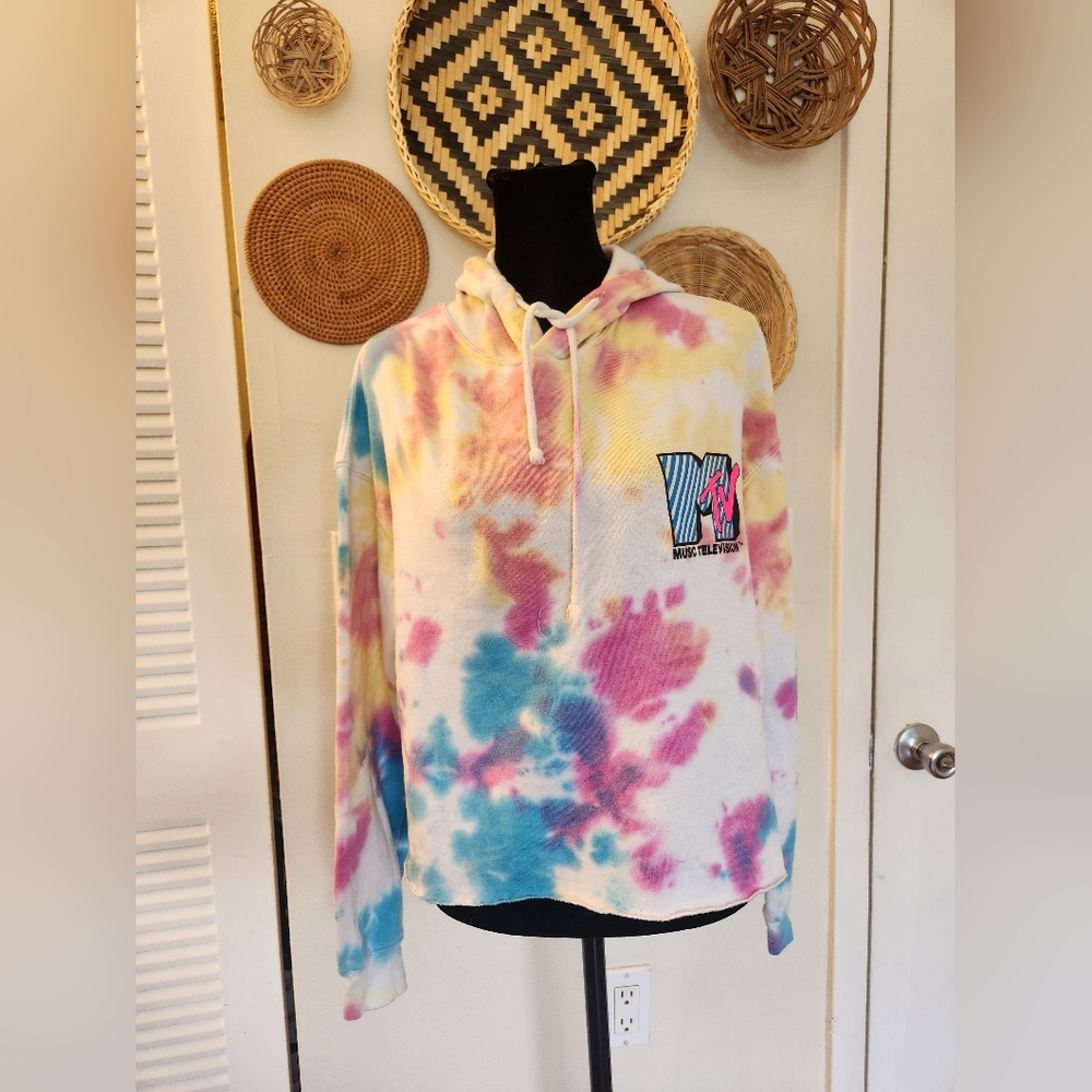 MTV Tie-Dye Hoodie Sweater in Yellow, Pink, Blue - Picture 4 of 13